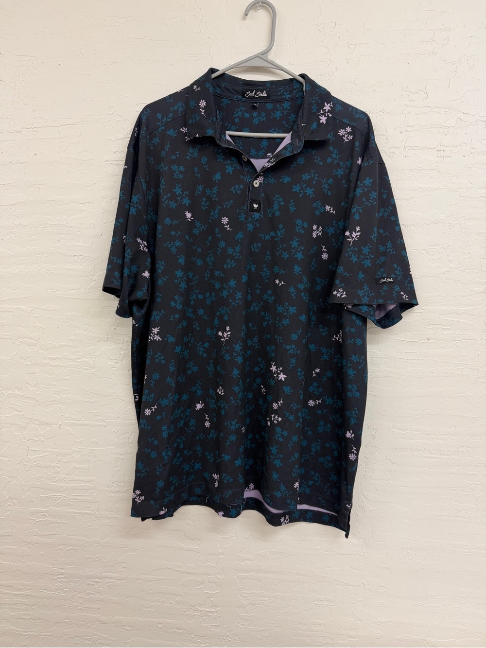 Bad Birdie Black Polo with Teal and Lavender Floral Print